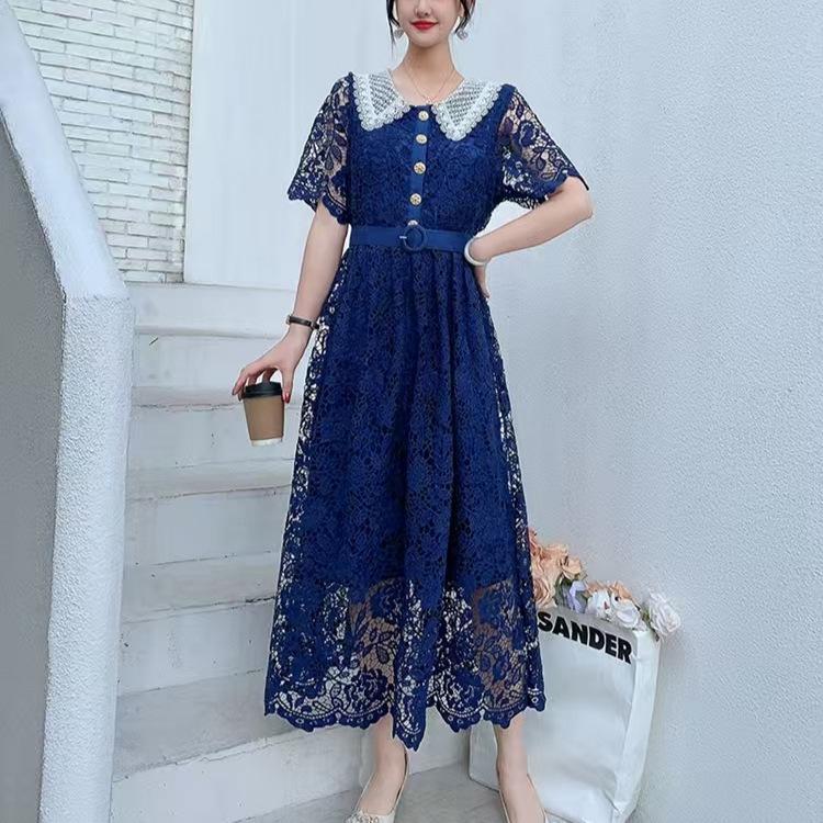 Damen Französisch Süß Farbblock Peter Pan Kragen Slim Fit Midilänge Spitzenkleid