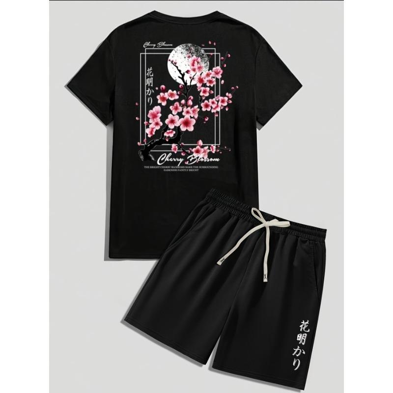 Men s letter printed round neck T-shirt + drawstring waist shorts set S