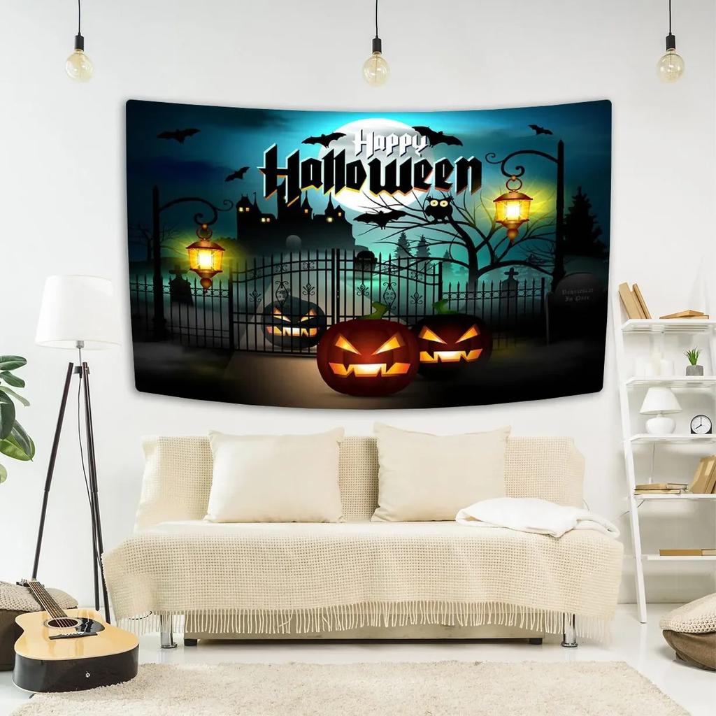 Happy Halloween Decorative Tapestry Bat Pumpkin Print Wall Hanging Carpet Party Background Fabric Home Room Decoration