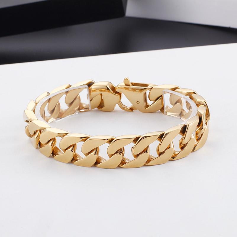 15MM Width Miami Curb Cuban Chain Bracelet For Men Luxury Gold Color 316L Stainless Steel Classic Male Jewelry Gift Wrapped