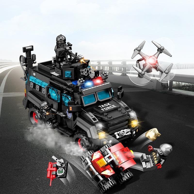 721pcs City Series Black Special Police Armored Vehicle Patrol Car Building Block Toy
