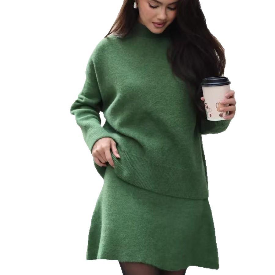 European and American style semi-turtleneck sweater set women's autumn and winter new loose knitted A-word hip-wrapped skirt two-piece set