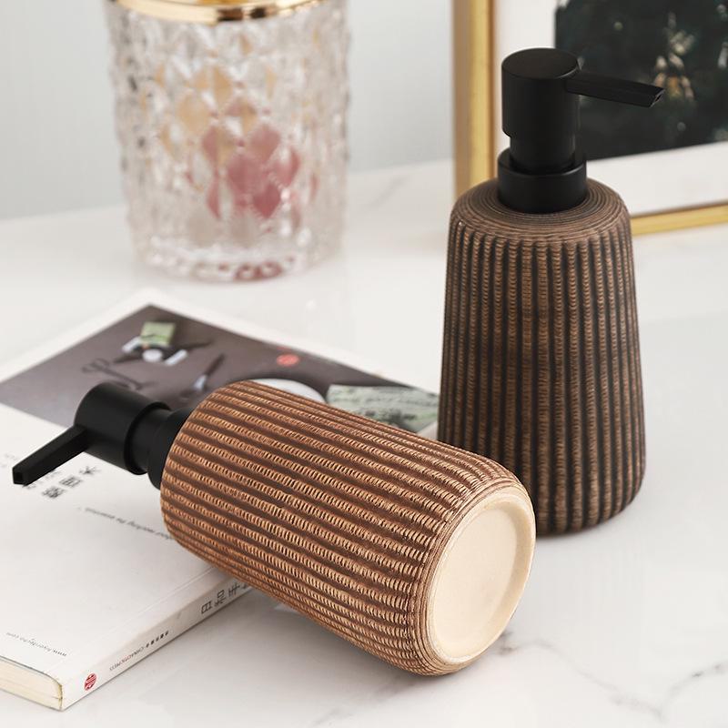 Flacon à lotion en céramique vintage à rayures verticales - Distributeur de gel douche 400 ml pour hôtel ou maison.