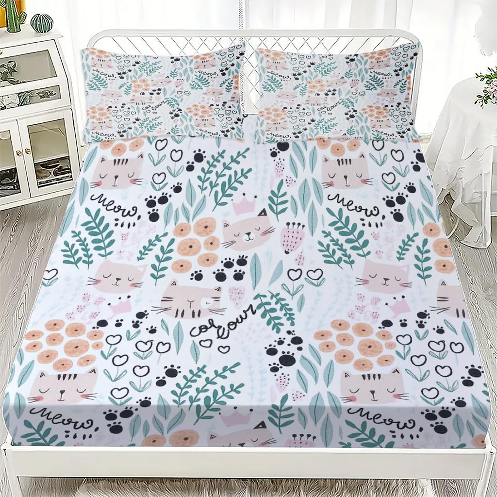 3pcs Fitted Sheet Set Fresh Style Christmas Pine Flora Print 100% Polyester Soft Bedding Set for Home Decor with 2 Pillowcases