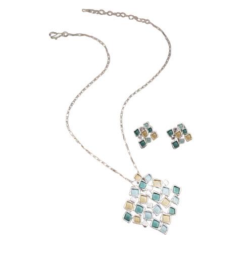 Luxury New Enamel Color Hollow Square Stud Earrings Pendant Set Creative Women's High Sense Geometric Square Necklace