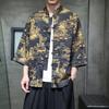 Chinese style ice silk seven-quarter-sleeved shirt men's Tang suit buckle Hanfu large size printed short-sleeved shirt ethnic style