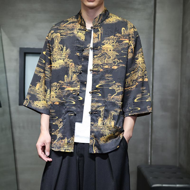 Chinese style ice silk seven-quarter-sleeved shirt men's Tang suit buckle Hanfu large size printed short-sleeved shirt ethnic style