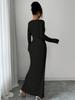 2026 Korean European Style Split Maxi Dress - Elegant Slim Fit Knit with Long Sleeves and Hip-Hugging Design