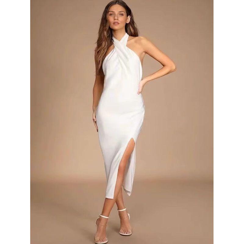 Foreign Trade Order Lu's Home Texture High Quality Fairy White Kink Design Hanging Neck Temperament Sexy Big Backless Dress