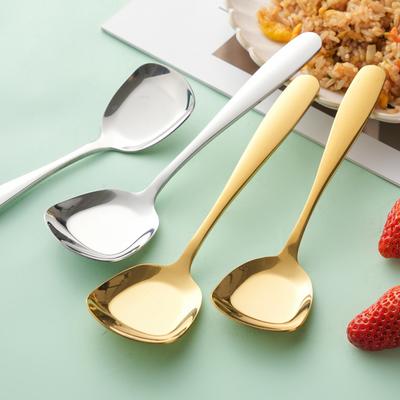 Yousheng Łyżka do zupy ze stali nierdzewnej z kwadratową główką, płaskim dnem, zapobiegająca rozlewaniu, pogrubiony ergonomiczny uchwyt, narzędzie do serwowania makaronu, sałatki