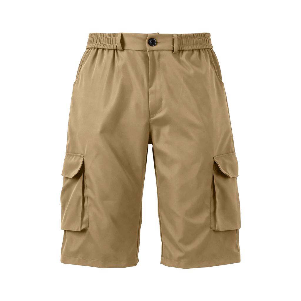 Mens Button Closure Elastic Waist Six Pocket Casual Cargo Knee Length Shorts for Outdoor and Daily Wear