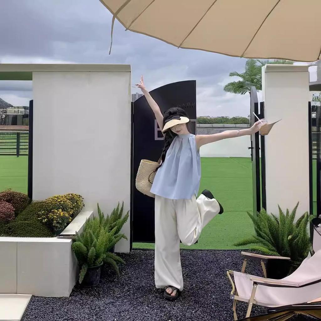 Chic French Blue Pleated Sleeveless Halter Top for Women - Trendy Summer Design