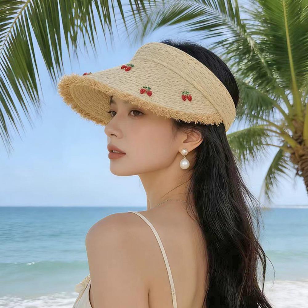 Dopamine Cherry Strawberry Sun Hat Beige Khaki Sunscreen Open-crown Straw Hat Breathable Headband-style Sunshade Cap Vacation