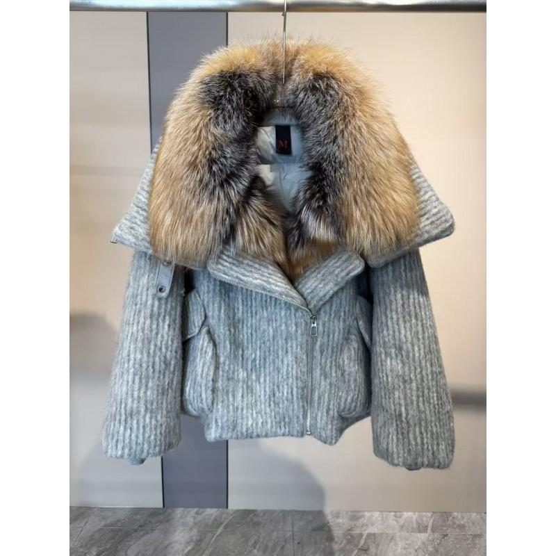 Womens 2026 Winter Goose Down Coat With Real Fox Fur Collar Loose Wool-Blend Puffer Short Jacket
