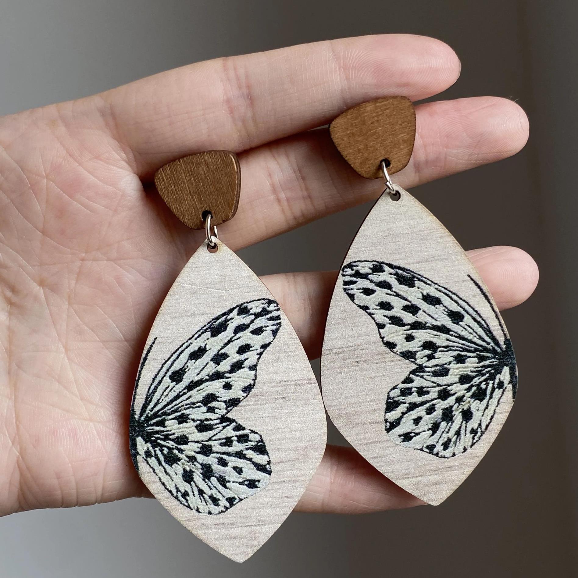 Silver needle wood butterfly print water drop earrings bohemian vacation style retro stud earrings niche high-end earrings