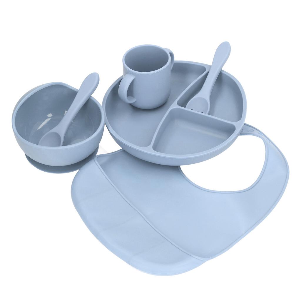 Baby Feeding Set Silicone Suction Divided Plate and Bowl with Spoon Fork Cup Adjustable Bib Set