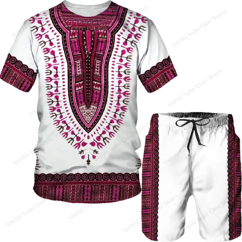 Elegant stil afrikanske totem-trykte t-skjortesett for menn i plussstørrelse menn Etnisk primitiv tribal-trykt treningsdrakt tradisjonelle klær