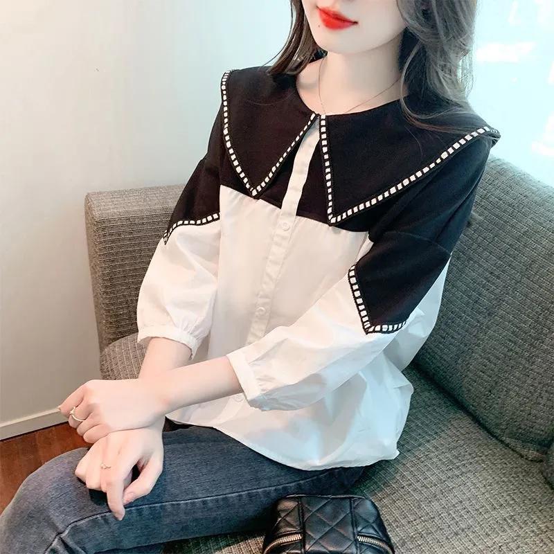 

Женская весенняя рубашка с контрастным дизайном и воротником-стойкой, блузка с рукавами «семь минут» и эффектом старения XS