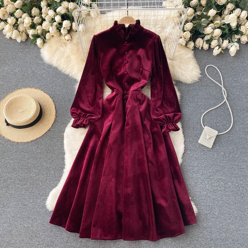 Hohe Qualität Herbst Winter Frauen Vintage Palace Samt Party Kleid Mode Stehen Kragen Lange Midi Casual Velour Kleider