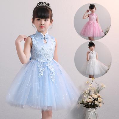 Kleinkind Mädchen Besticktes Tüllkleid Chinesischer Kragen Prinzessin Blumenmädchen-Outfit für Hochzeiten & Sommerveranstaltungen Chinesischer Kragen mit Knotenknöpfen