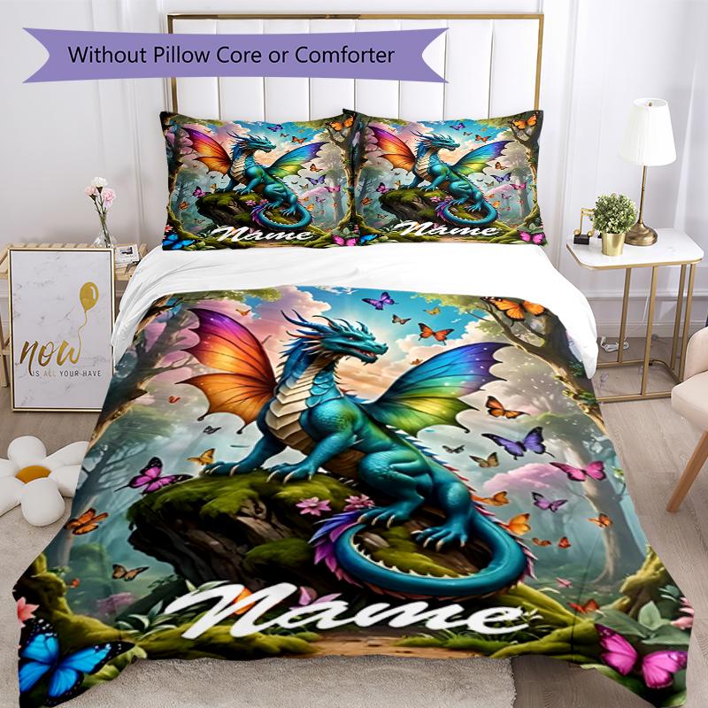 3pcs Custom Name Dragon Bedding Set Duvet Cover Closure Includes 1 Duvet Cover & 2 Pillowcases, Soft and Comfortable for All Seasons.