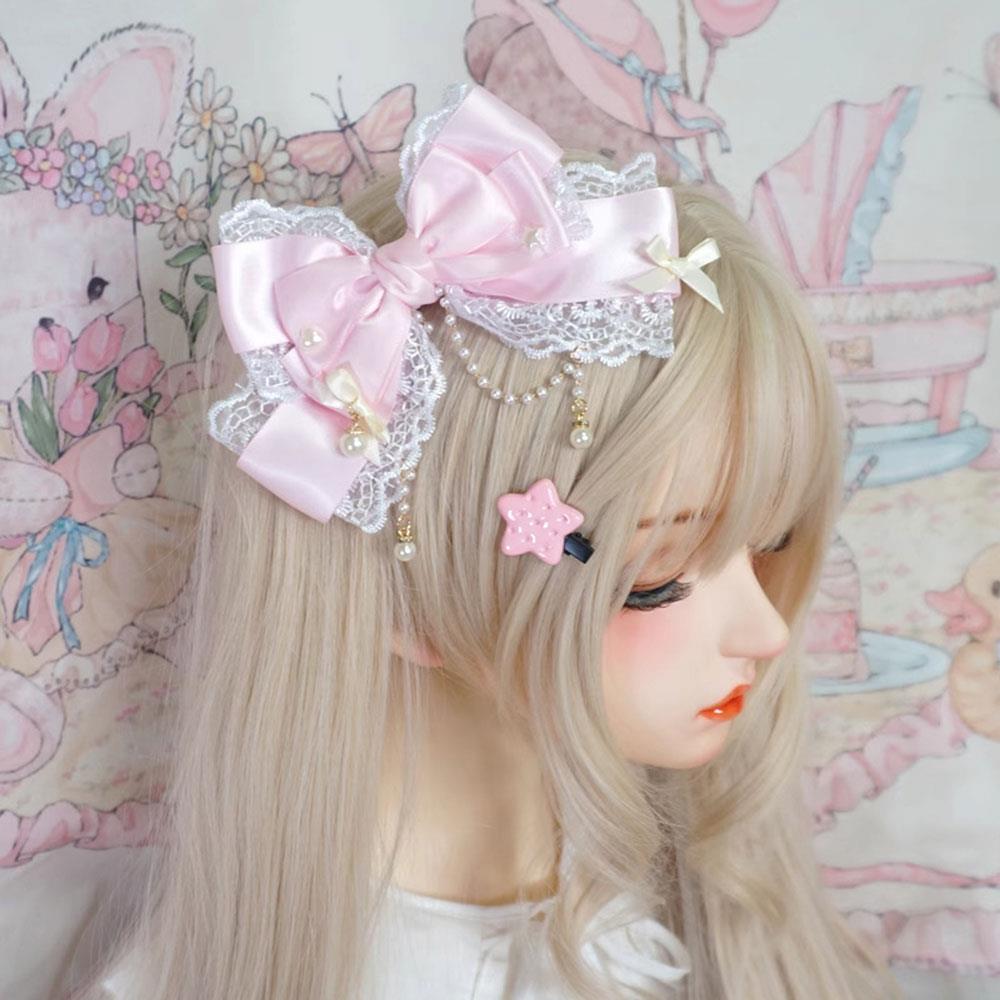 New Lolita Lace Pearl Chain Bow Headpiece Large Lace Ribbon Bow Hair Clip Exquisite Princess Headwear Hair Clip Hair Accessories