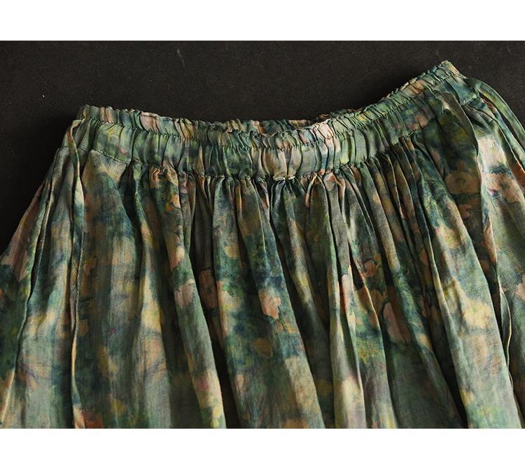 Summer 2023 Women's Vintage Floral Midi Skirt - Heavy Duty Cotton Linen, Flowy Design