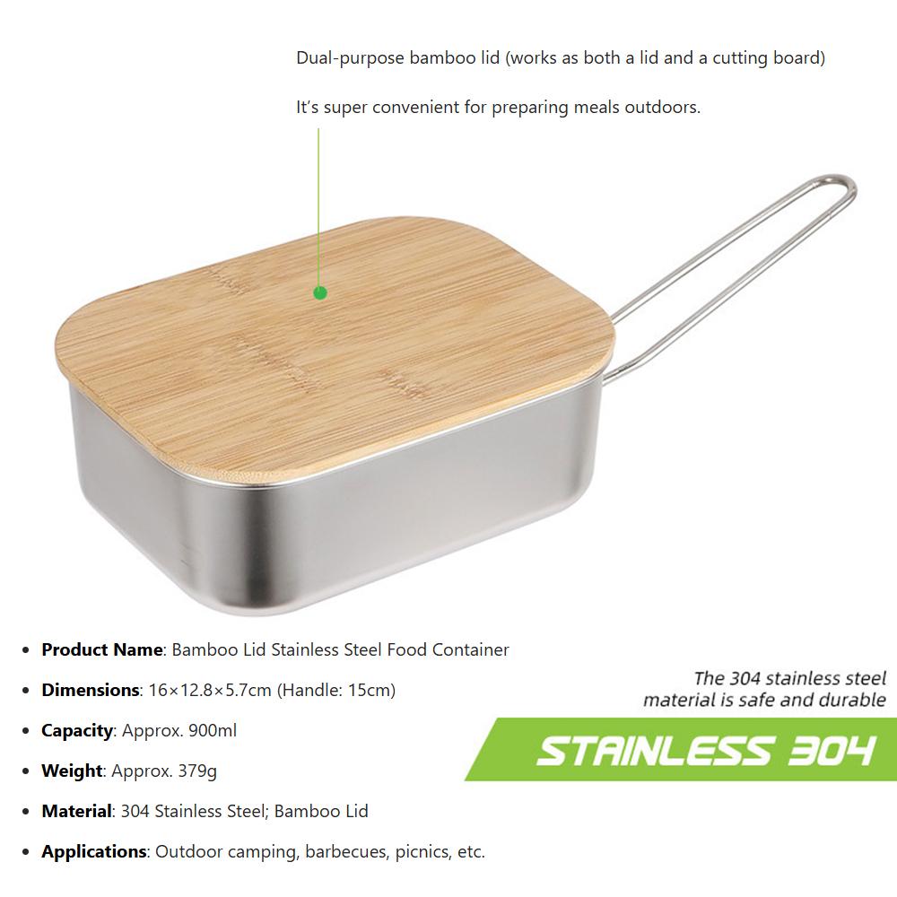 304 Stainless Steel with Bamboo Cutting‑Board Lid Portable Meal Container for Camping, BBQ & Picnics