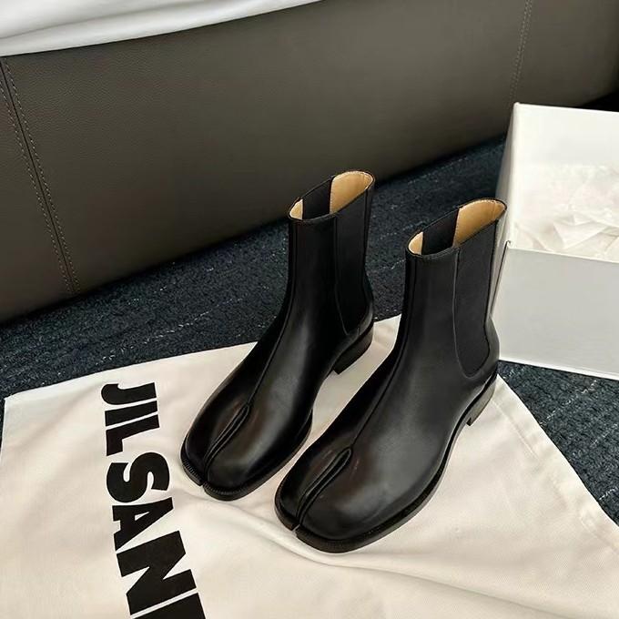 Cowhide version~ niche medium tube elastic toe Chelsea boots women's British style retro split-toe short boots pig's trotter boots