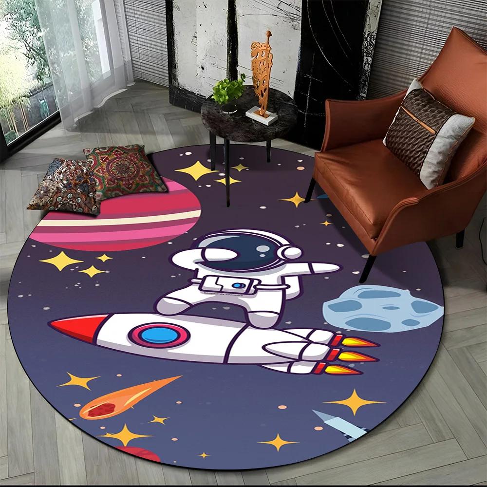 Cartoon Astronaut Round Carpet Universe Outer Space Planet Print Area Rug Anti-Slip Kid Bedroom Nursery Playroom Crawl Floor Mat