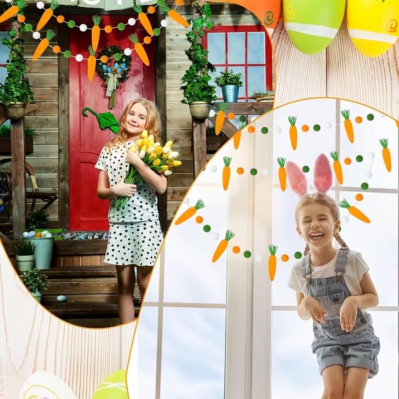 1/3Pack Easter Carrot And Pom-Pom Banner Easter Party Hanging Garland Bunting Flag for Home Wall Decoration Kids Birthday Party