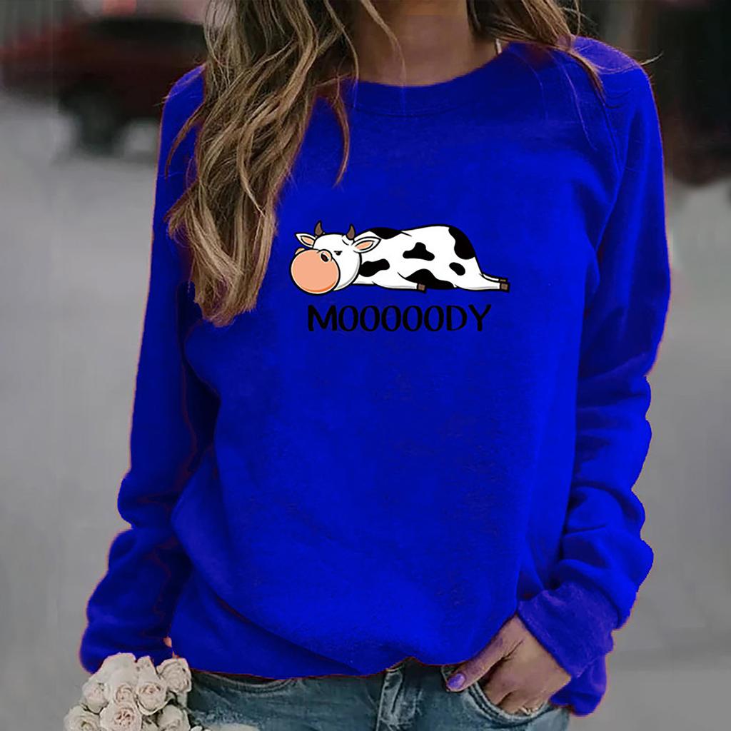 Women's Fashion Cow Printed O- Neck Long Sleeve Loosen Sweatershirt Top