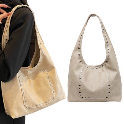 Women PU Leather Rivet Underarm Bag Solid Color Metal Stud Handbag Large Capacity Retro Shoulder Bag Travel Commute Handbag