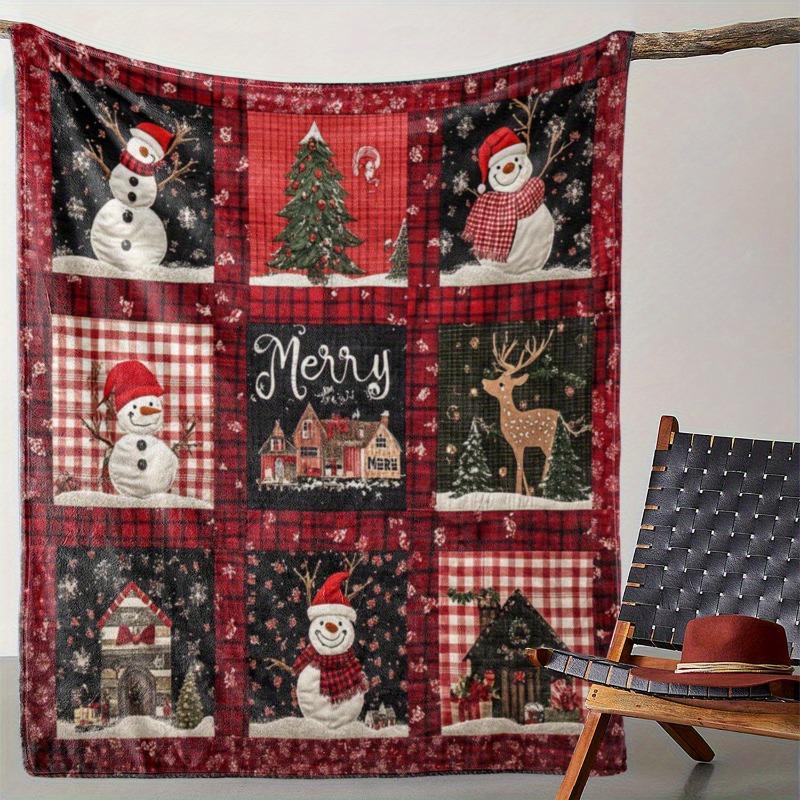 Comfortable Flannel Christmas Blanket with Checkered Snowman Ice House and Reindeer Offices and Versatile Gift for All Seasons