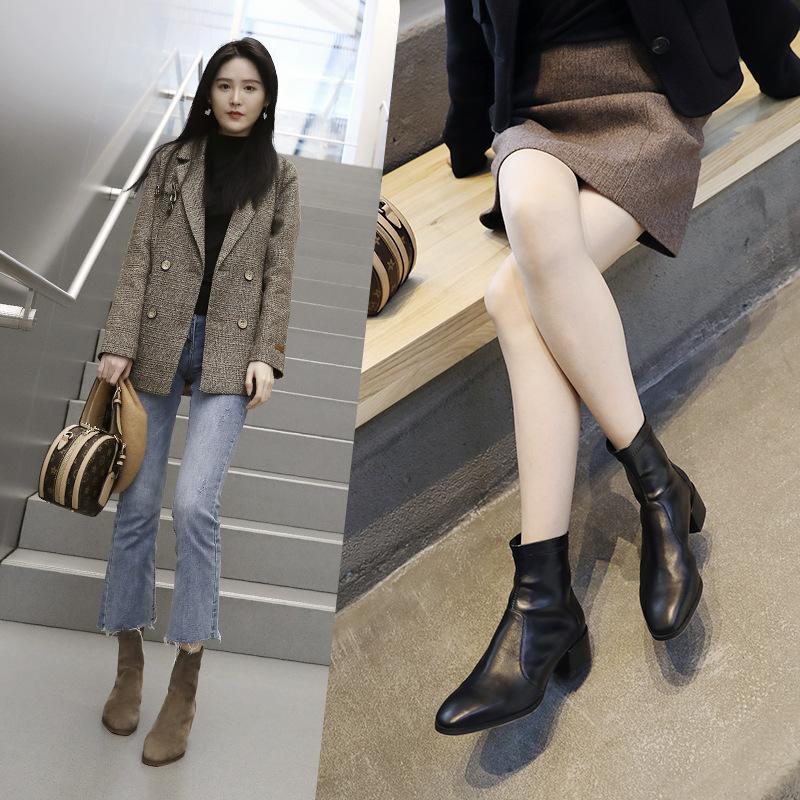 ~ Internet celebrity fashion British short boots four seasons thick super high heel women elastic thin confidential hair