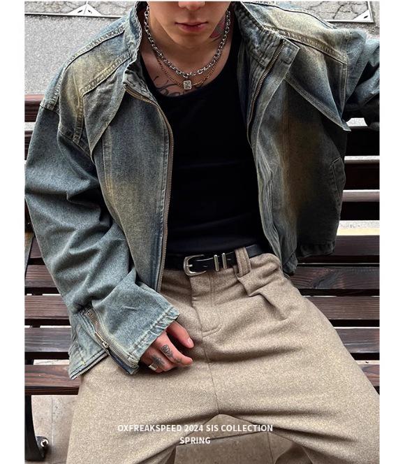 Herren American Retro Gewaschene Jeansjacke - Schwer, Lockerer Schnitt, Trendig, Lässig, Frühling Reißverschluss Arbeitskleidung