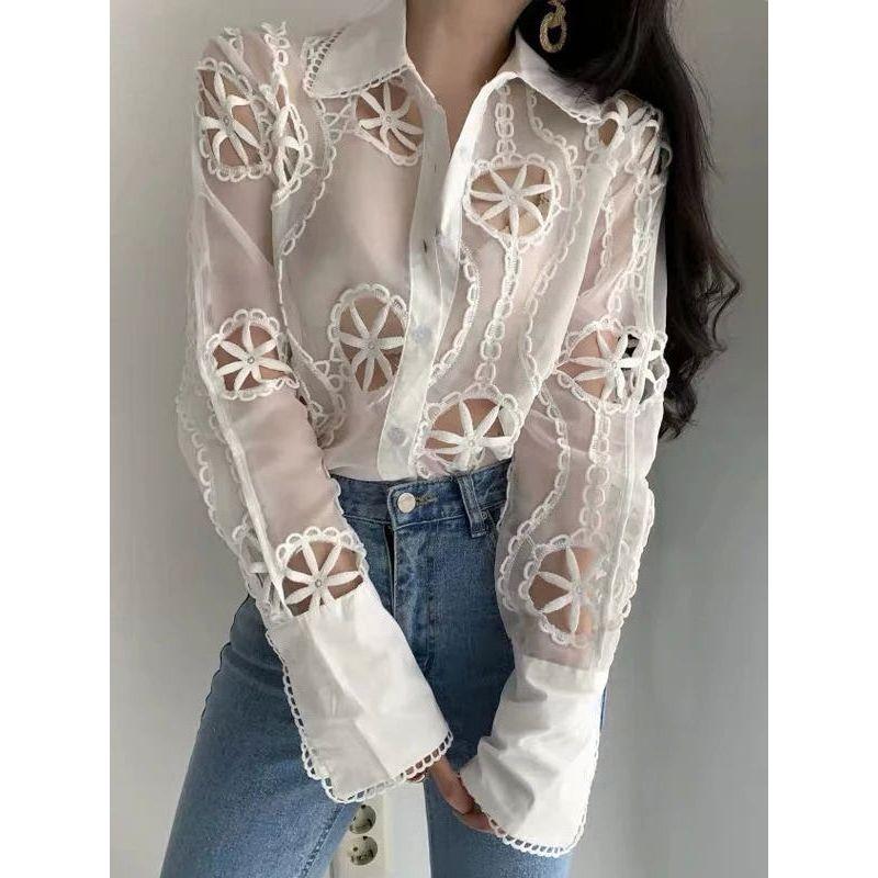 Collar Hollowed out Mesh Pattern Shirt Lapel Hollow out Mesh Pattern Shirts