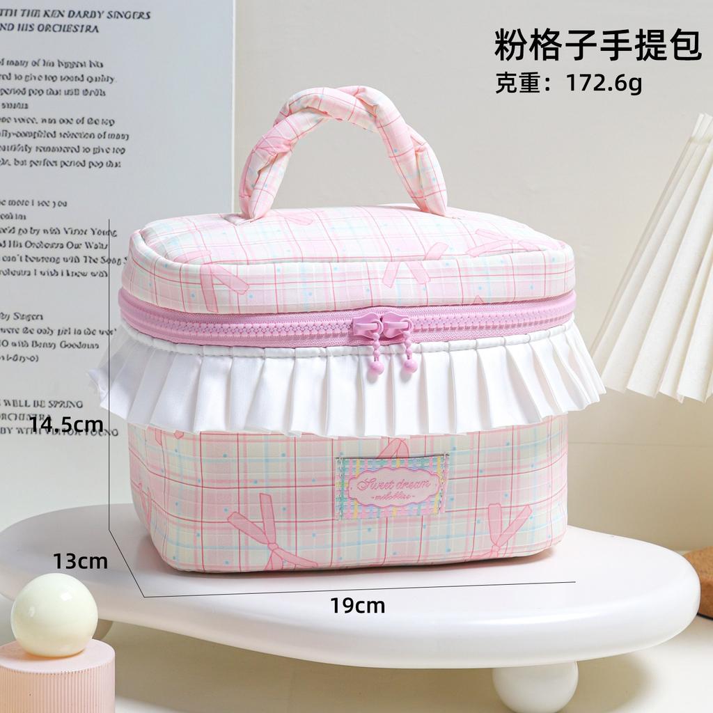 Korean-style niche design twisted handle makeup bag with large capacity pleated lace storage bag, color-blocked plaid wash bag.