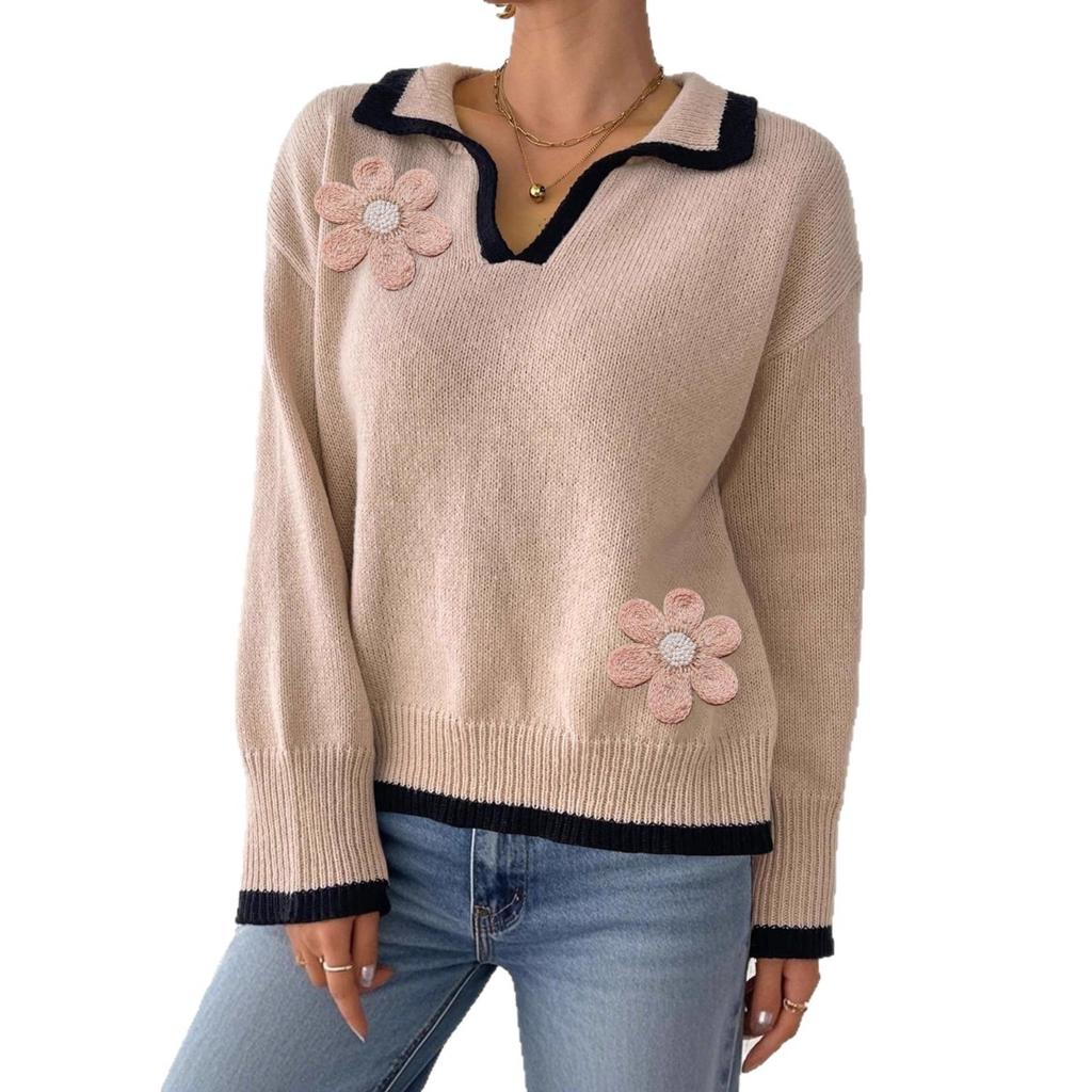 Women's Fall Winter Pullover Sweater, Contrast Color Collar Flower Embroidery Beaded Patchwork Top, Casual Women's Clothing