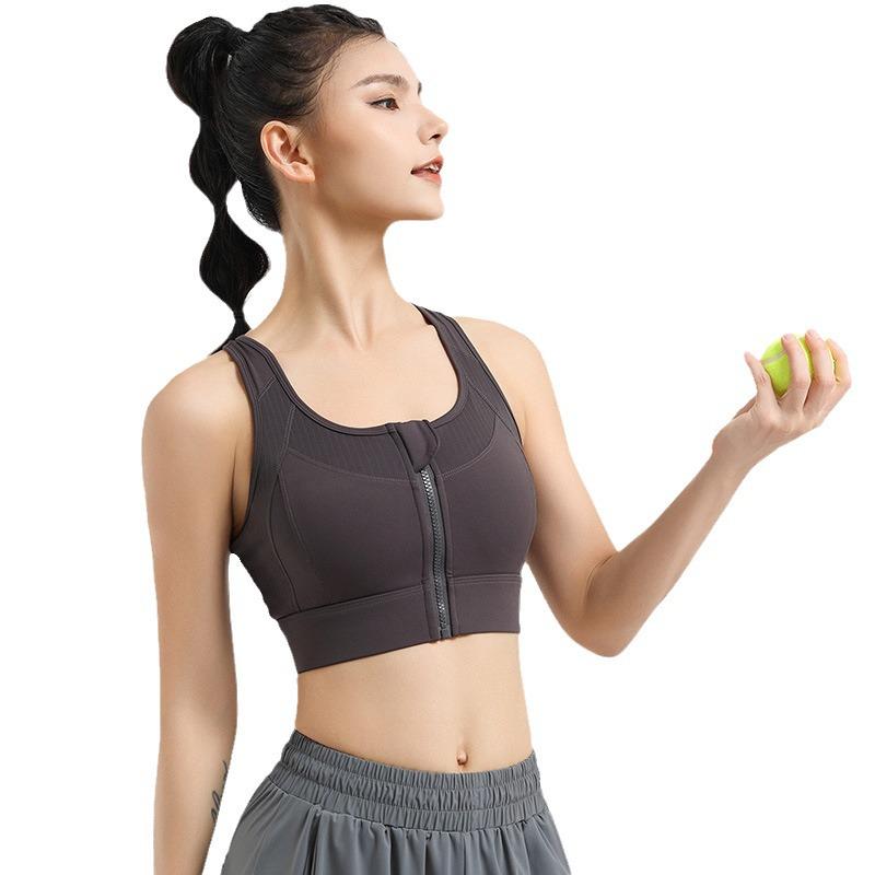 Women's Shockproof Sports Bra with Front Zipper and Side Support - Minimizes Bust for Running and Yoga