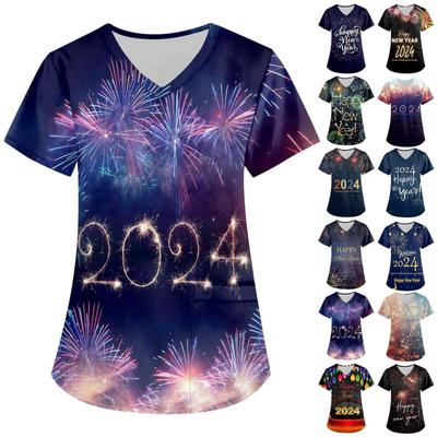 Damenmode 2024 Neujahr Bedruckte Kurzarm-Oberteile mit V-Ausschnitt und Mustertasche Arbeits-T-Shirts