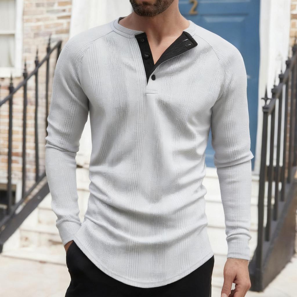 Herren Einfarbig Gerippt Texturiert Knopfleiste Rundhals Langarm Top
