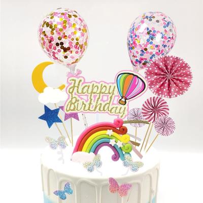 Rainbow Cake Topper Set with Balloons Cloud Butterfly Girls Birthday Party Decor