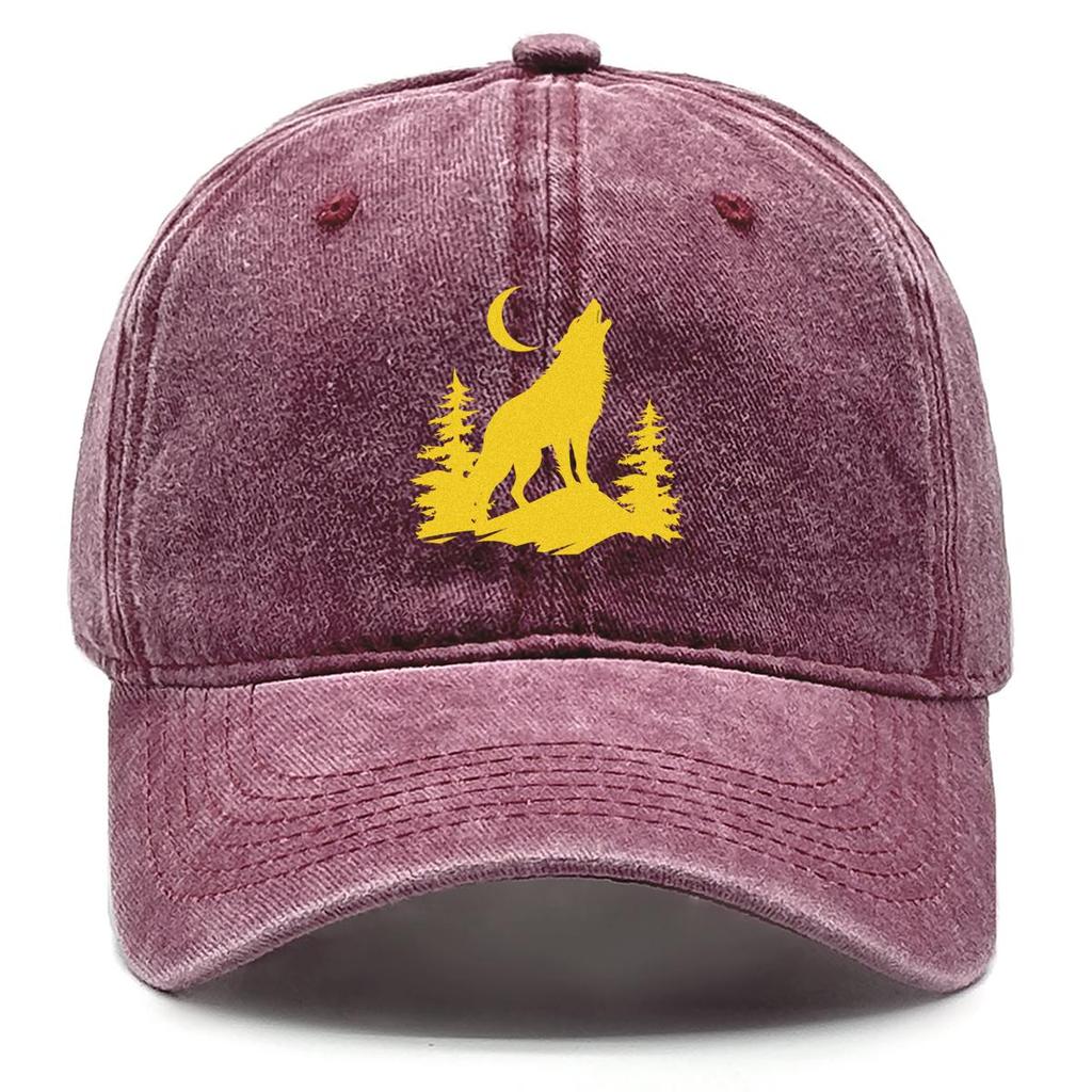 Golden Wolf Moon Print Snapback Sun Hat, Animal Flat Cap Fit Solid Color Sun Protection Adjustable Buckle Adjustable Baseball Hat