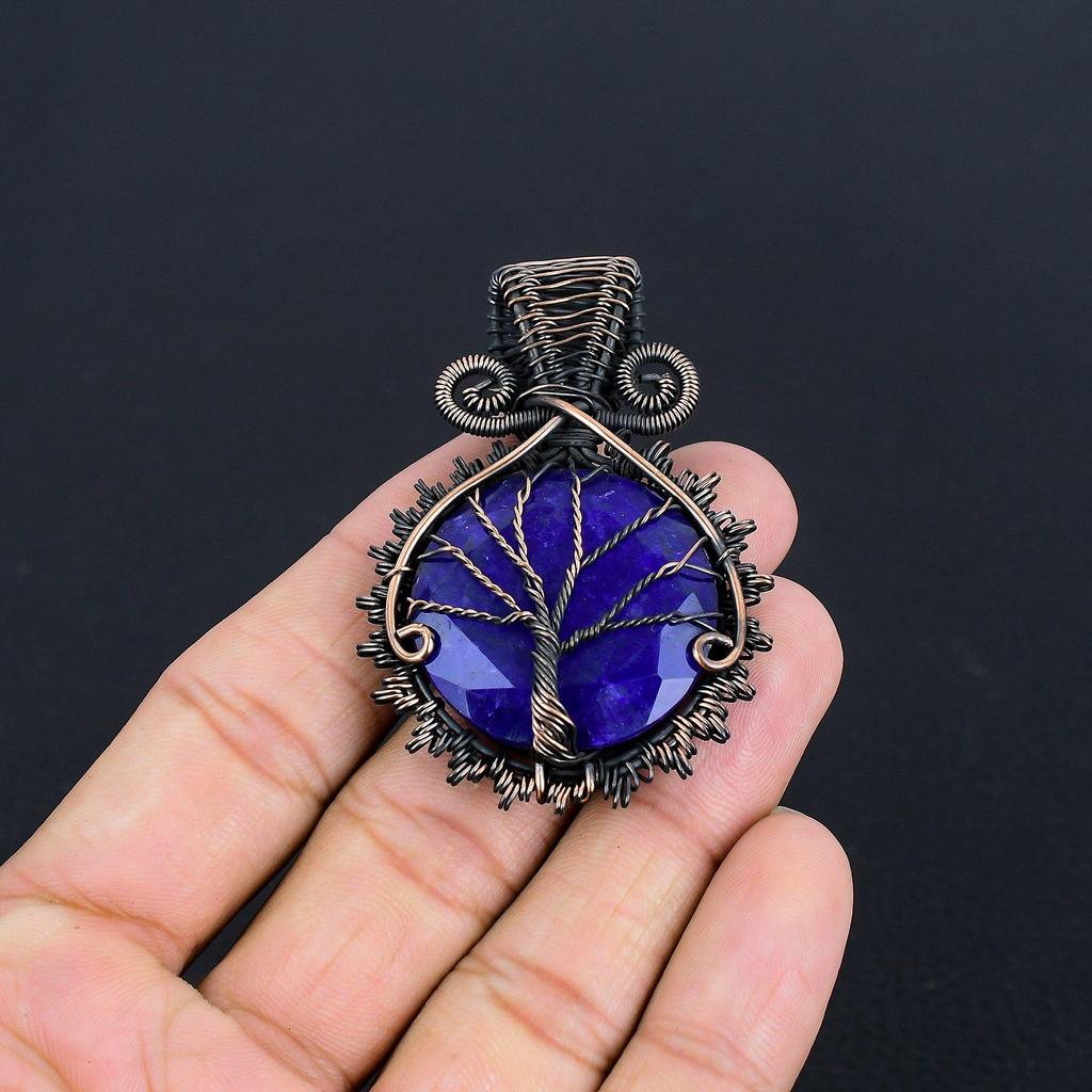 Blue Sapphire Pendant, Handmade Gemstone Pendant, 999 Copper Wire Wrapped  Pendant Antique Jewelry, For Engagement Gift