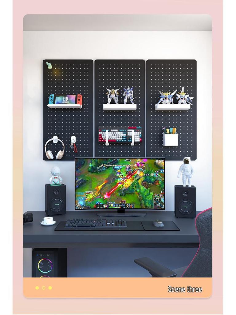 Esports Gaming Desk with Pegboard Wall Organizer and Equipment Rack