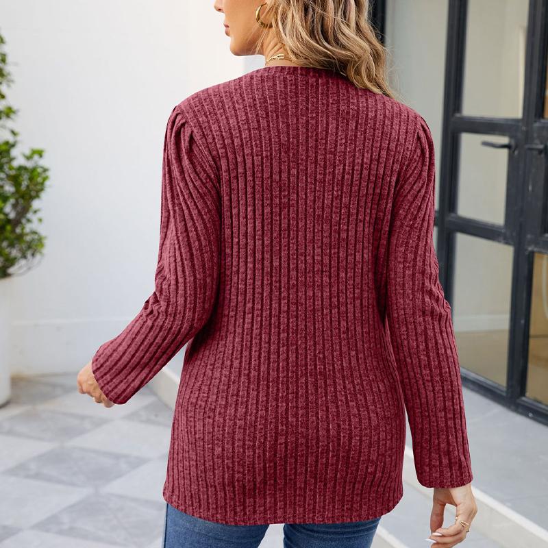 Damen-T-Shirt mit rundem Halsausschnitt, Puffärmeln, einfarbigem Oberteil und langen Ärmeln