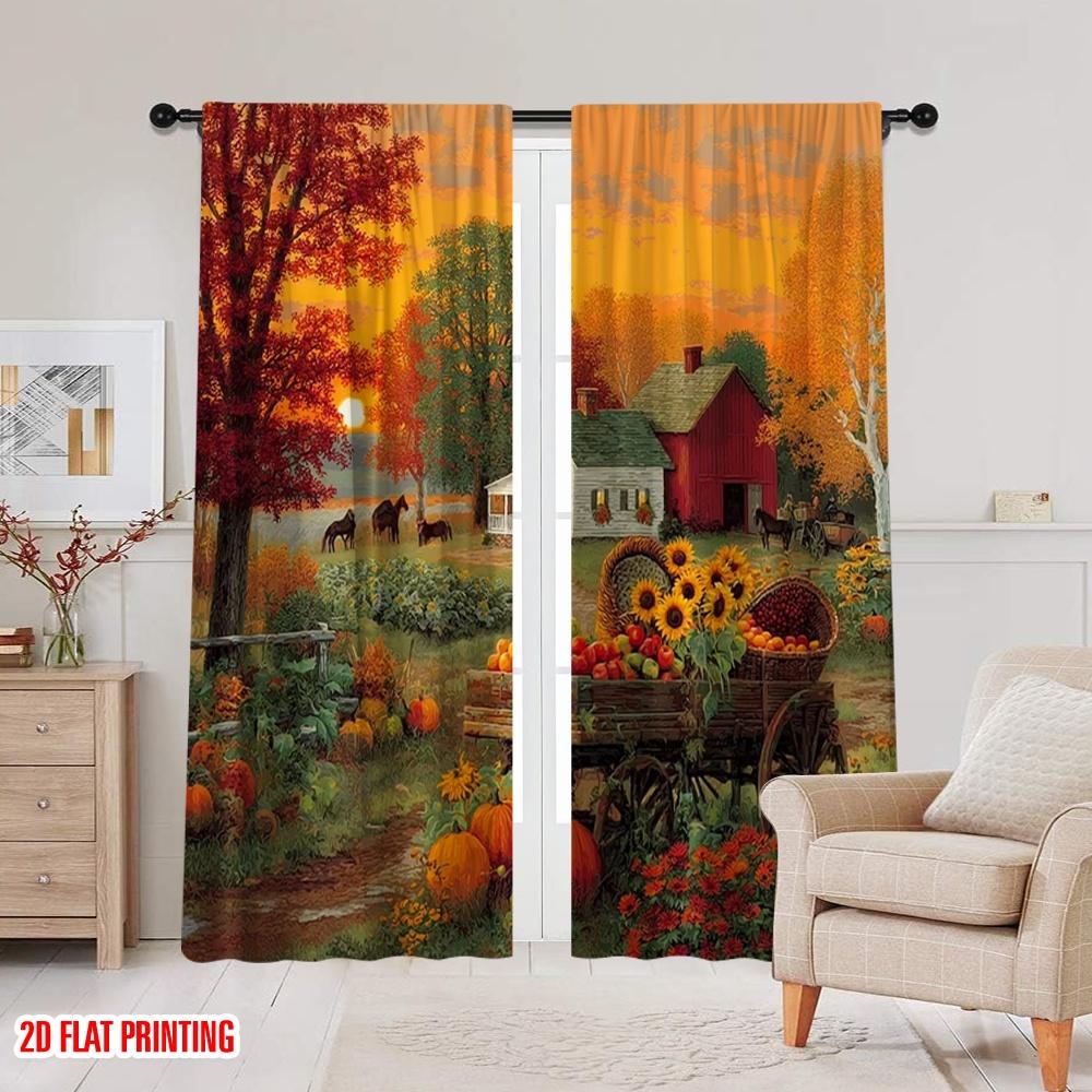 Set Of 2 Flat Printing St Patrick Day Curtain Red Barn Pumpkin Cart Orange Autumn Fabric Without Electricity Festive Made Polyester