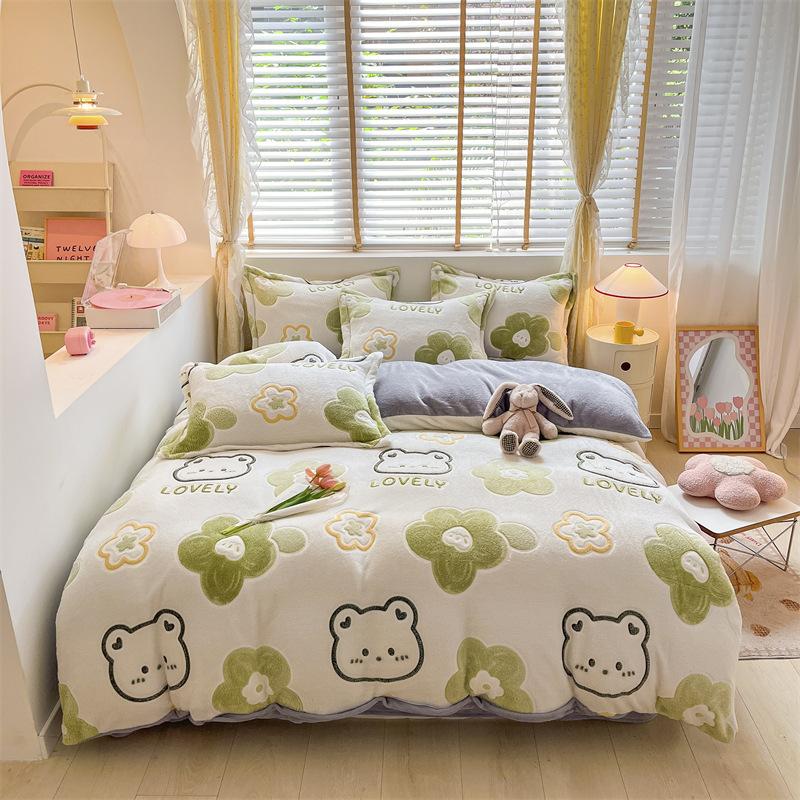 Cartoon Coral Fleece Four-Piece Set, Thickened Milk Fleece Sheet Quilt Cover, Snowflake Fleece Bed Three-Piece Quilt Cover