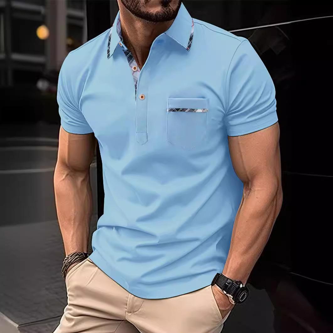 

Men s Summer Casual Color-Block Polo Shirt with Chest Pocket Triple Extra Large небесно-голубой
